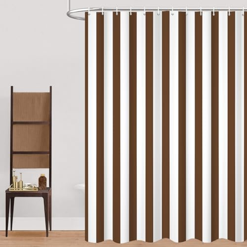 GCIREC Tenda Doccia, 180x200cm, Marrone e Bianco Minimalismo Moderno Strisce Verticali Impermeabile Tessuto Macchina Lavabile Tenda da Bagno con Ganci