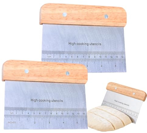 Kaiyzo Professional 2-Pc Dough Scrapers and Bench Scraper Set, Dual Scale in Inch & CM, Solid Wood Handle Stainless Steel, Essential Gadgets for Bakers for Baking, Cooking, Slicing Dough