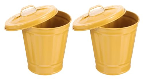 FIXOSHEE Lot de 2 Mini Poubelles de Table avec Couvercle, Petit Seau à Ordures en Métal Jaune, Compact et Réutilisable, pour Bureau, la Cuisine et Rangement Maison