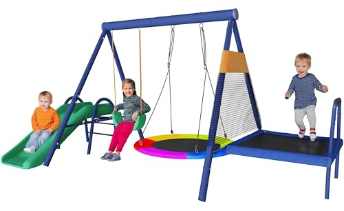 Gecheer Outdoor-Spielplatz Set mit Rutsche & Trampolin - Multifunktional für Kinder 3-8 Jahre, Sicherheit & Langlebigkeit, für Garten & Gemeinschaftsanlagen