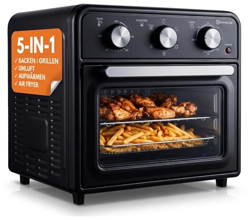 Sommertal Minihorno de 20 litros con recirculación y freidora de aire caliente, mini horno de 1800 W para hornear, asar y pizza, horno de mesa pequeño con función de airfryer, 100 – 230 °C