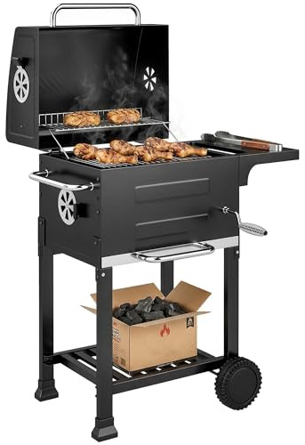 Outsunny Barbecue au charbon de bois compact avec couvercle, thermomètre, grille de cuisson, table latérale, compartiment à cendres, fentes d'aération, barbecue avec roues, barbecue à charbon