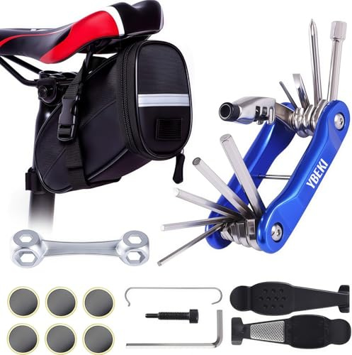 YBEKI Set di riparazione per bicicletta, 3 in 1, con toppe senza colla, multitool con rivetto per catena e borsa da sella impermeabile, per bici da corsa, mountain bike (set di attrezzi blu)