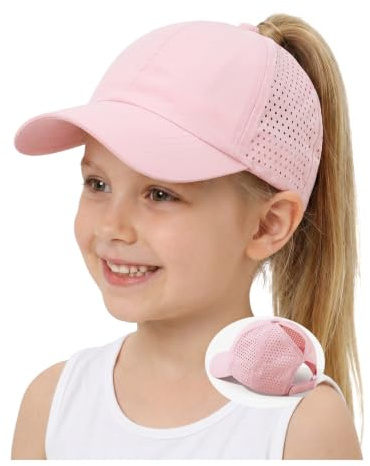 LISHIHE Mädchen Basecap Sommer mit Ponytail 5–12 Jahre, Baseballkappe Kinder Atmungsaktive Netz Schnelltrocknend, Sport Sonnenhut Kopfumfang 53–54 cm für Tennis Schule Outdoor