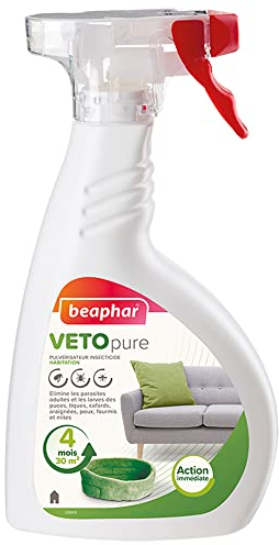 BEAPHAR – VETOPURE – Pulvérisateur insecticide habitation – Élimine les puces, tiques, cafards, araignées, poux, fourmis et mites – Traite des zones ciblées – Protection de 4 mois – 400 ml
