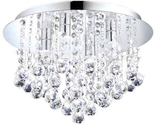 EGLO LED Deckenleuchte Almonte, 4 flammige Deckenlampe Bad | Badezimmer Lampe aus Metall in Chrom und klarem Kristal, LED Feuchtraumleuchte warmweiß, G9, IP44, Ø 35 cm