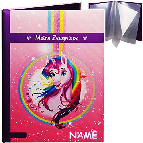 A 4 - Zeugnismappe/Dokumentenmappe - Meine Zeugnisse Einhorn & Herzen - inkl. Name - GEBUNDEN mit festen Seiten - A4 - Softcover - für Kinder und Erwachse..