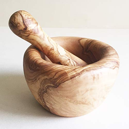 Mortero generisch masivo con mortero tamaño a elegir, mortero de cocina, de madera de olivo en mano (diámetro de 14 cm)