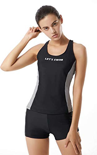 LULUWINGX Women Tankini badkläder 2 delar sidoskarv baddräkt racer rygg atletisk baddräkt med pojkshorts sol UV-skydd UPF 50+ svart
