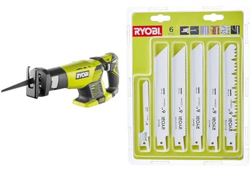 Ryobi Rrs 1801 M Scie Sabre sans Fil & 4892210119285 Blister 6 Lames Panachées Scie Sabre, Argent
