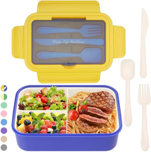 BIBURY Fiambrera, caja bento a prueba de fugas, recipiente para alimentos con 3 compartimentos y juego de cubiertos, lonchera comidas aptos para microondas y lavavajillas (Rosado A)
