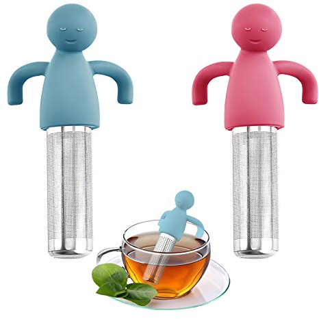 Yisscen 2 Stücke Teesieb Teefilter, Tee-Ei für lose Teeblätter, Tee-ei Teesieb aus Edelstahl und Lebensmittel Silikon, kreative humanoide Silikon-Teesiebe, zum Filtern oder Einweichen von Tee