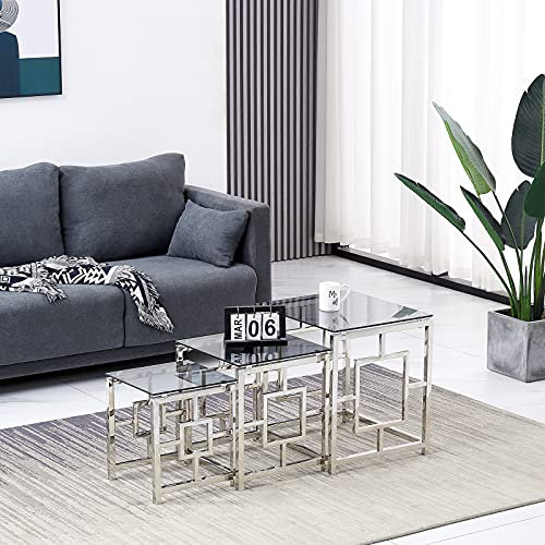 JYMTOM 3er-Set Satztisch Couchtisch Beistelltisch aus Edelstahlgestell und Hartglas für Wohnzimmer Cafè und Bar modernes Design Sofatisch (Silver A, schwarzes Glas)