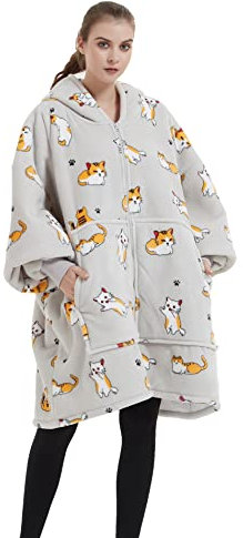 VERTAST Oversized Hoodie Blanket Zip Up Hooded Sherpa Wearable Blanket, Giant Fluffy Fleece Jumper Hoodie Sweatshirt for Adults Gamers Sofa Lovers Men Women, Cat