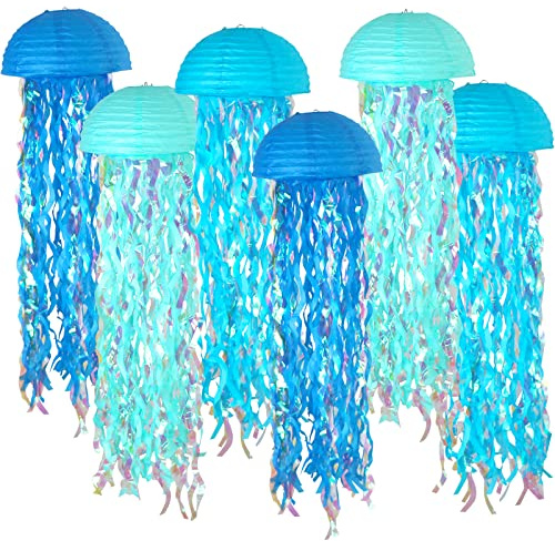 ADLKGG 10 Jellyfish Paper Lanterns Lamps - Gradient Blue Under the Sea Party Decorations for Mermaid Theme Birthday, Beach Baby Shower, Pre-Assembled Classroom & Ocean Decor, 6 PCS