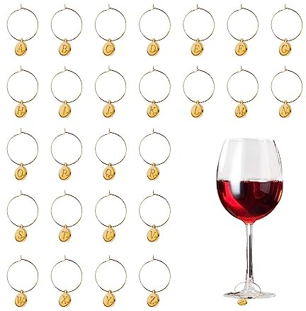 Jagowa 26Pcs Wine Charms, Letters Glass Charms Markers Tags for Wine Drink Markers Decorations Party Favors (Champagne)