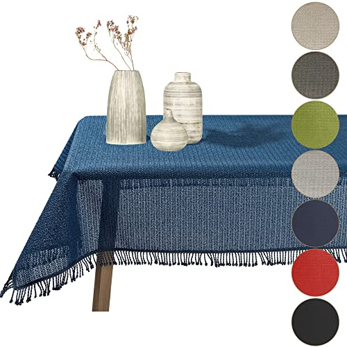 Cleanlevel EST 2016 Tischdecke Outdoor Wetterfest Abwischbar - Gartentischdecke mit Fransen rutschfest aus PVC Weichschaum, Tischschutz für Garten, Balkon, Terrasse (Navyblau, 130x160cm (BxL))
