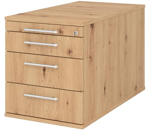 bümö Rollcontainer mit Schubladen, Container abschließbar aus Holz in Asteiche - Rollwagen für's Büro als Schreibtisch Unterschrank, Bürocontainer od. Schreibtischcontainer mit Relinggriffe