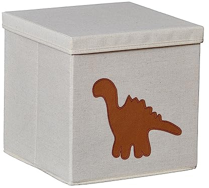 LOVE IT STORE IT - Premium Cubo Portaoggetti Con Coperchio - In Cotone-Lino - Pieghevole - Rinforzi In Legno - Compatibile Kallax - 30x30x30 cm - Fantasia A Dino, Beige