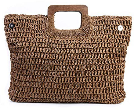 KRIECK Strohtasche,Strandtasche Vintage Strohbeutel für Frauen Sommer Große Kapazität Strand Handtaschen Rattan Handgemachte kintted Reisetaschen Griff Taschen (Color : Dark Brown, Size : Natural)
