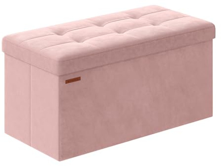 SONGMICS Puff Almacenaje, Baúl de Almacenaje Plegable, 38 x 76 x 38 cm, Taburete Reposapiés, Banco de Cubo, Soporta hasta 300 kg, para Sala de Estar, Dormitorio, Entrada, Rosa Jalea LSF247R01