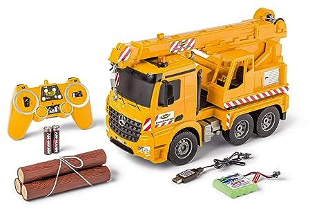 Carson 500907666 1:20 MB Arocs Kranwagen 100% RTR - Ferngesteuertes Fahrzeug, Lastwagen mit Funktionen Licht und Sound, inkl. Batterien und Fernsteuerung, 30 Minuten Fahrzeit, Gelb