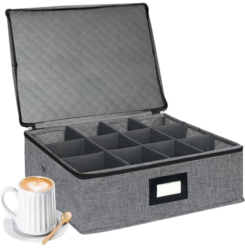 VERONLY Caja de almacenamiento para tazas y tazones con divisores, contenedores de almacenamiento de porcelana con capacidad para 12 tazas de café y tazas de té con tapa y asas, parte superior dura
