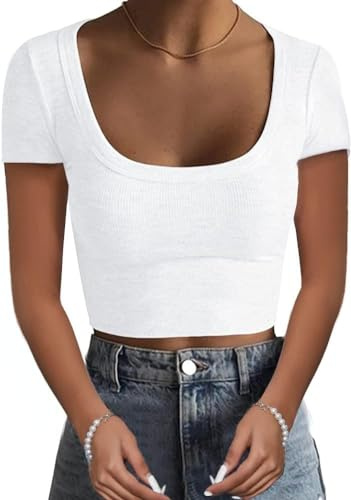 TrendiMax Damen T-Shirt Kurzarm Gerippt Crop Tops Basic Shirts Slim Fit Sexy Oberteile Bauchfrei Sommer Tshirt Stretch Casual Bluse Rundhals Tee Shirt (M, Weiß)