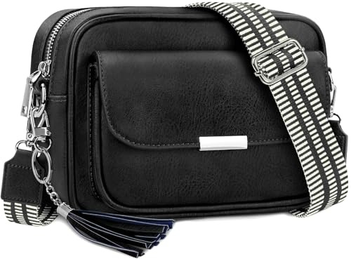 NEWIROVE Crossbody Bag Damen Leder Umhängetasche Damen Mittelgroß Handtasche Schwarz mit Breitem Gurt Verstelbaar Schultertasche Damen Mit Fransen Für den Einkauf Auf Reisen Casual， Schwarz