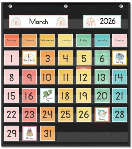 Eamay Rainbow Colorful Calendar Pocket Chart for Kids,Preschool Kindergarten Classroom Elementary Must Haves,Classroom Decorations Decor,Homeschool Teacher Supplies,Back to School Supplies