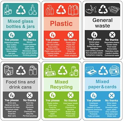 Recycling signs complete pack of 6 essential for recycling bins - High tack self-adhesive sticker (300mm x 200mm) Viewing Distance within 7m.