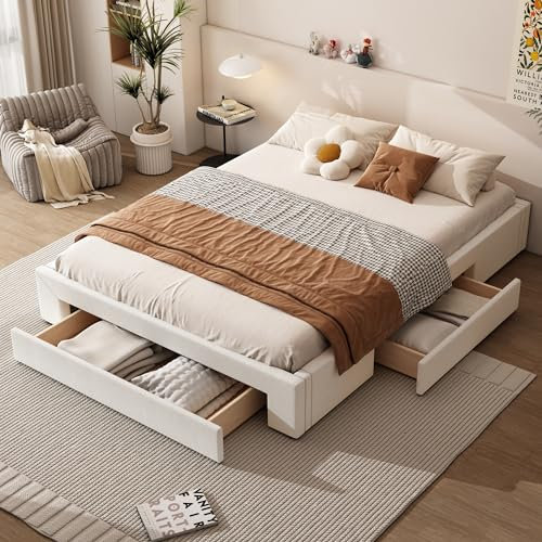 Cama Matrimonio 160x200cm con cajones,Cama Queen Size,Estructura de Cama Doble,Cama Baja,Tres Compartimentos de Almacenamiento,sin cabecero,Color Beige