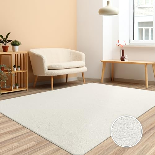 Paco Home Teppich Wohnzimmer Hochflor Schlafzimmer Einfarbig Fellteppich Kunstfell Dekofell Teddy Flauschig Modern Waschbar Creme, Grösse:200x280 cm
