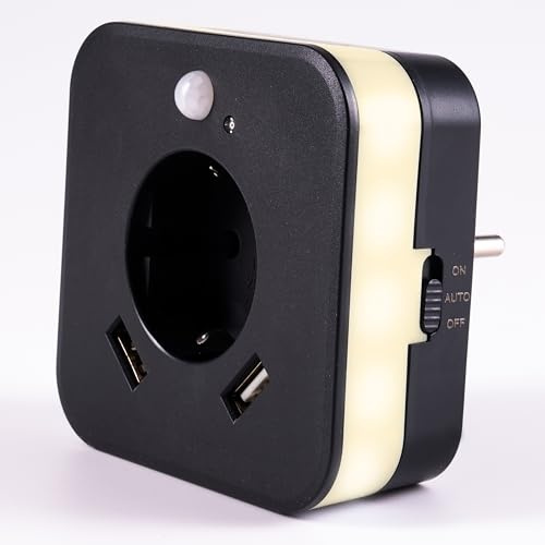 smrter LED-Nachtlicht mit Bewegungsmelder und Steckdose, 2x USB 2.4A, anthrazit, automatischer Lichtsensor, GS (geprüfte Sicherheit) (1 Stück [ANTHRAZIT])