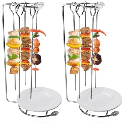 DSDGVDFBV Silver, Stainless Steel Shashlik Hanger, Vertical Skewer Grill Skewer Set of 5 Flat Skewers for Grilling Kabobs with Skewer Stand Reusable Grill Bars