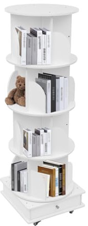Apriltop 4 Etagen Bücherregal mit 4 Rädern (alle mit Bremsen), Lagerregal Küche, für Zuhause, Büro, Schule, für Bücher, Zeitschriften, Snacks, Anwendbar 80-100 Bücher, Weiß