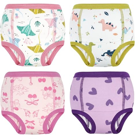 FLYISH DIRECT Potty Training Pants for Girls, 100% Cotton Potty Training Underwear, Leak Proof Toilet Training Pants, 4 Packs Absorbent Reusable Training Pants for Toddler, Multi Pink, 5 Years