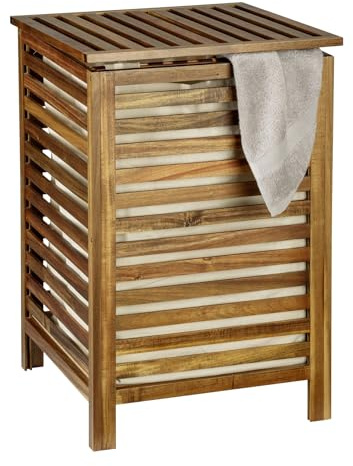 WENKO Wäschetruhe Mod. Fondi 56 L aus massivem Akazienholz mit Deckel und herausnehmbarem Wäschesack 34 x 50 x 38 cm Farbe Braun Creme Maße 45 x 65 x 45 cm
