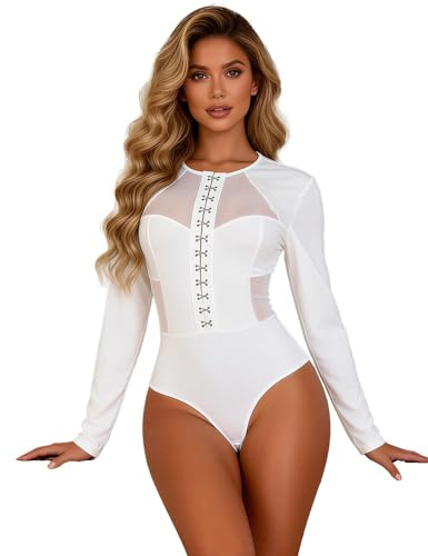 ohyeahlady Women's Sexy Long Sleeve Bodysuit Sheer Mesh Back & Sides Body Suits Soft Stretchy Going Out Leotard Tops with Adjustable Snap Closure S-2XL