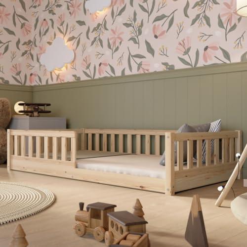 Crazy Pine Cama Montessori 160x80 cm - Cama Infantil Fácil de Montar - Camas Infantiles Segura niños y niñas - con Protección contra Caídas - Madera Natural - Baja