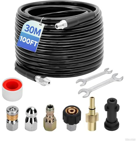 30M Drain Unblocker Kit, High Pressure Washer Drain Cleaner Hose 5800PSI, Sewer Jetter Kit with Rotating Nozzle for Karcher K2-K7 Bosch, Drain Rods Alternative for Blocked Pipes Patios