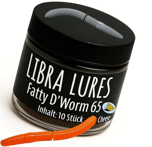 Libra Lures Fatty D`Worm 65mm Forellenköder Supersoft | 10 Stück | Aroma: Käse | Farbe: 011/ Hot Orange | Gummiköder | Forellenköder Neuheiten | Erfolgreicher Forellen Angeln mit dem Fatty