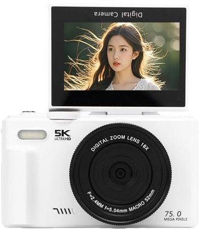 JTLB Telecamera da viaggio – fotocamera da 5 K Ultra HD, 75 megapixel, con zoom 18x, obiettivo grandangolare, schermo flip a 180 gradi, Wi-Fi, luce LED per il (bianco)