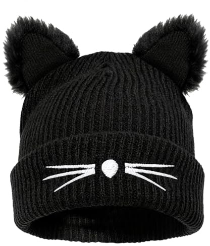 MorLuks Katzenmütze Damen Winter, Cat Beanie, Schwarz Mütze mit Ohren, Katzenohren Mütze Wintermütze Damen Strickmützen Geschenke