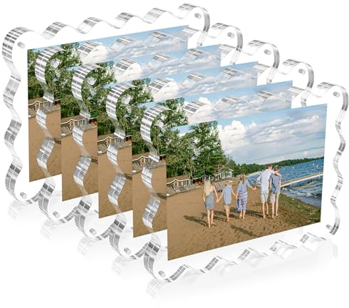 eletecpro 5x7 Clear Acrylic Picture Frame Set of 5, Double-sided Frameless Magnetic Frames Display Floating Photo Effect, Standless and Curved Wave Design, Scalloped Rim Modern Decor, Transparent