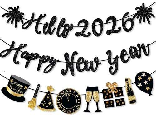 Happy New Year Banner,New Years Eve Decorations 2026 Year's Celebrations Countdown Party Flag Glitter Champagne Clocks Sign Banners Door Decoration for Porch Festive Black Gold Hanging Bunting