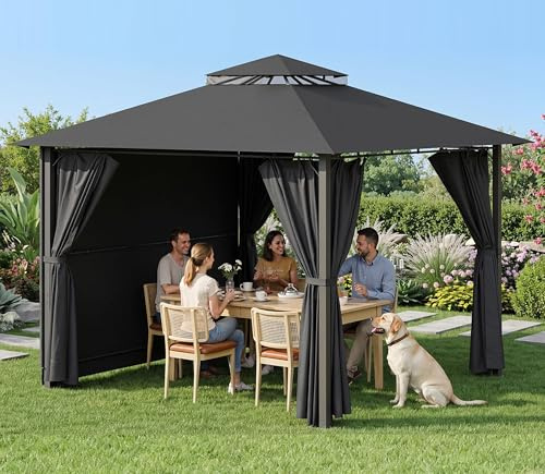 Devoko Tonnelle de Jardin Exterieur 3x3 m avec Auvent Latéral, Tonnelle Imperméable Stable, Protection UV 50+, Pergola Jardin Exterieur Extensible à 3x4.7m pour Cour, Terrasse, BBQ Fêtes, Gris