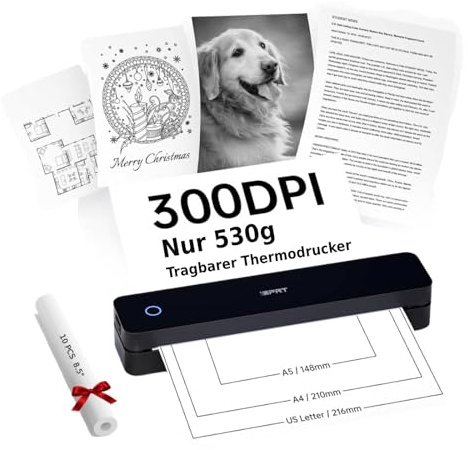 iDPRT Portable Thermal Printer Support A4 Thermal Paper | Bluetooth Wireless Travel Printer Compatible with iOS / Android / Laptop for Office, School, Vehicles - Black