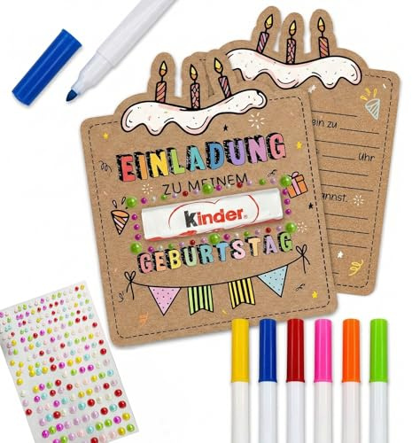 GoTilo Einladungskarten Kindergeburtstag DIY Set – 15 Kraftpapier Karten in Kuchenform zum Ausmalen & Basteln, kreative Kinderparty Einladung für Mädchen Jungen mit Stickerbogen und 6 Stiften
