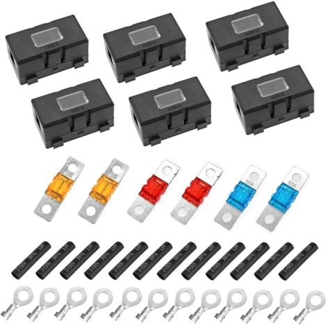 JZK 6er-Pack Midi-Sicherungshalter-Set mit 6 Sicherungen (40A, 50A, 60A), 12 Anschlussklemmen, 12 Schrumpfschläuchen, PA66-Sicherungsblock für Kfz mit transparentem Fenster für Auto, Wohnmobil